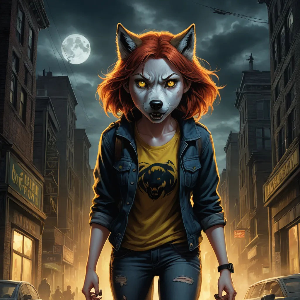 a woman with red hair and a wolf face on her shirt is walking down a city street at night, furry art, a character portrait, Aaron Jasinski, comic cover art