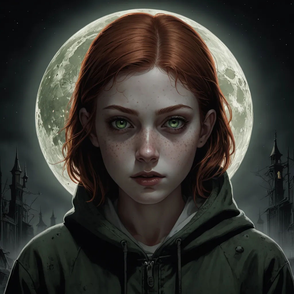 a girl with green eyes and a hoodie on in front of a full moon with a clock tower, sots art, a character portrait, Charlie Bowater, comic cover art