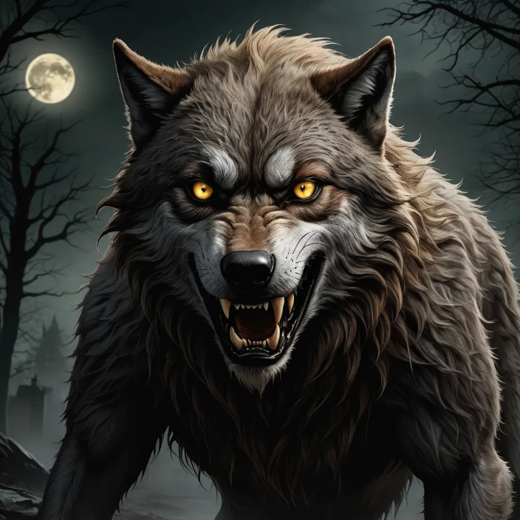 a wolf with yellow eyes and a full moon in the background is shown in this painting of a wolf, gothic art, a character portrait, Anne Stokes, highly detailed digital painting