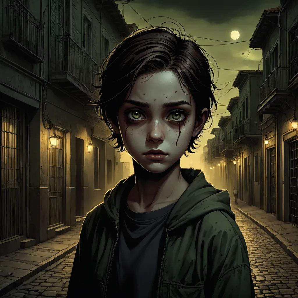 a young girl with green eyes standing in a dark alleyway with a creepy look on her face and a green jacket, fantasy art, a character portrait, Bastien Lecouffe-Deharme, stanley artgerm lau