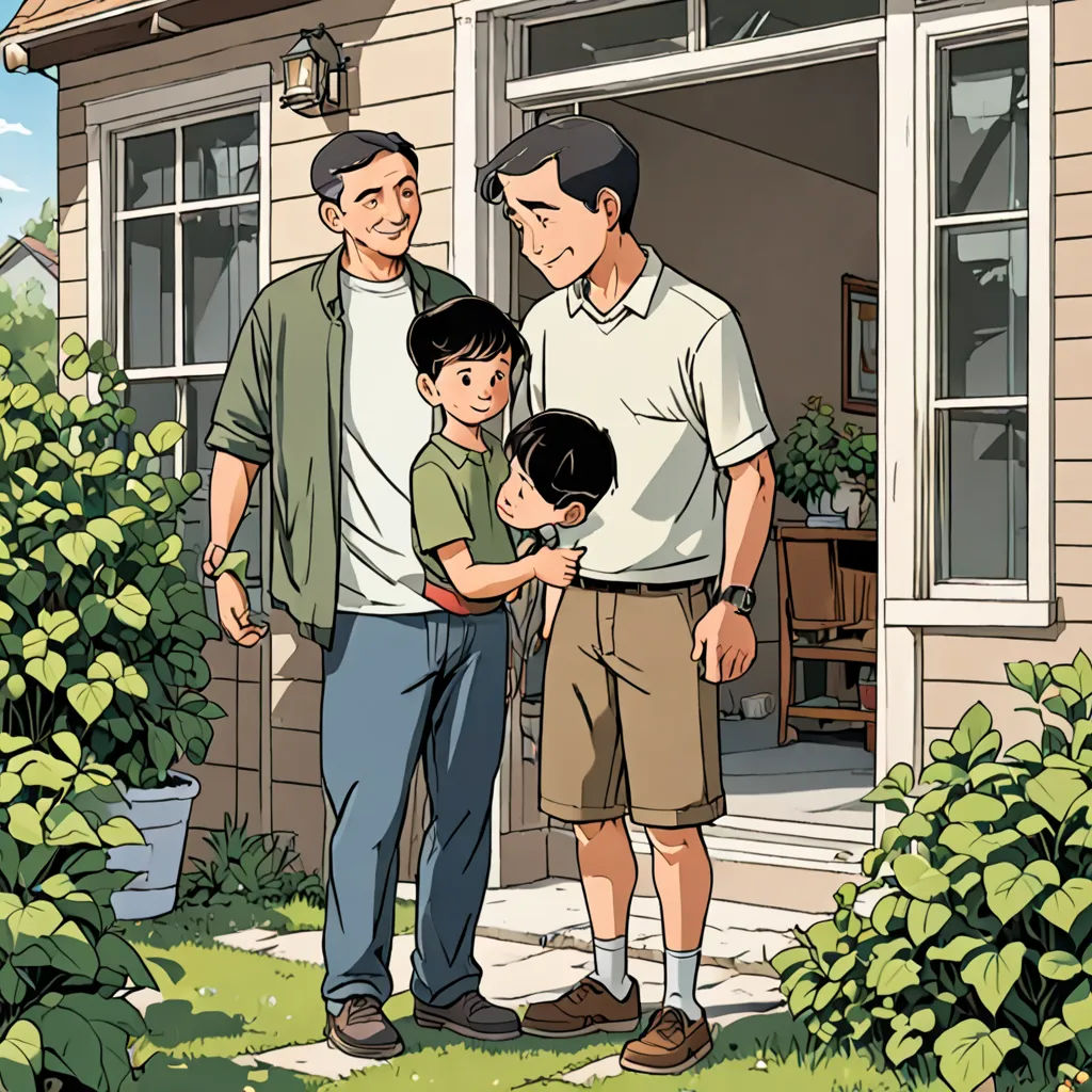 a man and two boys standing in front of a house with a boy holding his dad's hand, private press, a storybook illustration, Asaf Hanuka, graphic novel