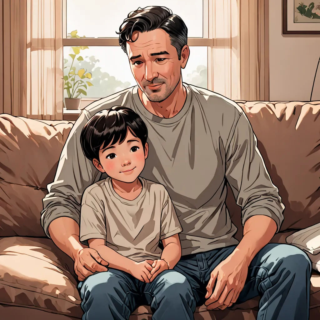a man and a child sitting on a couch in a living room together, with a window behind them, american realism, a comic book panel, Adam Dario Keel, comic book