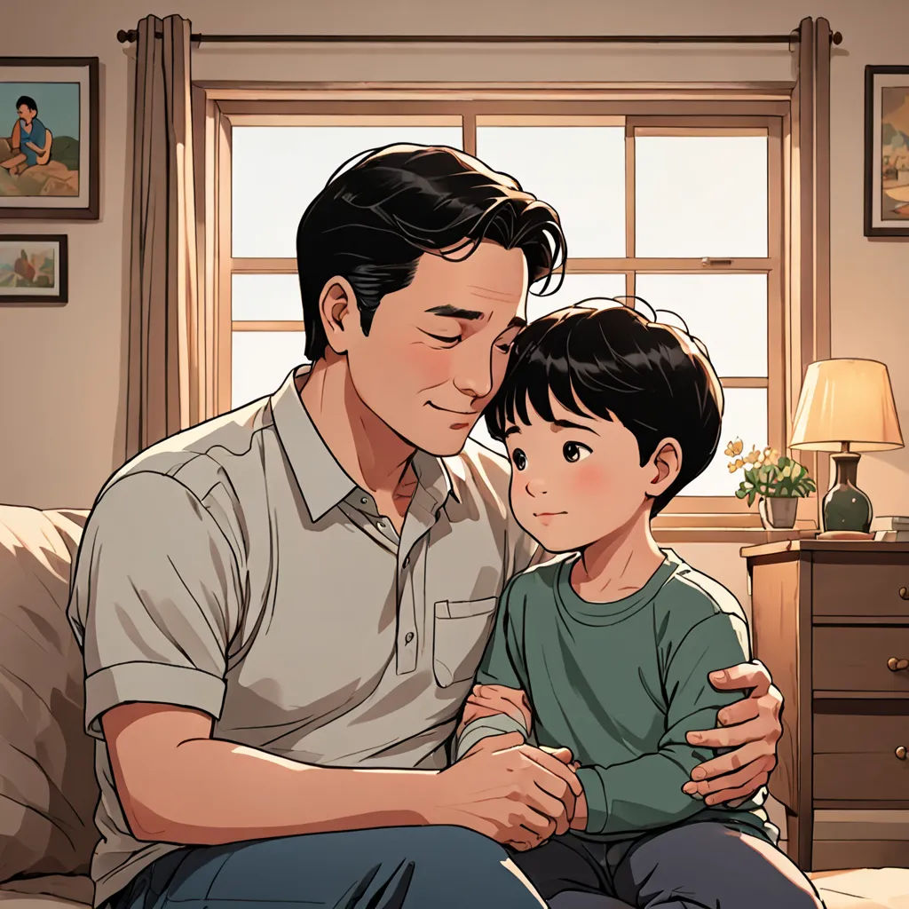 a man and a boy sitting on a couch in a living room together, looking at each other and smiling, private press, a comic book panel, Everett Warner, official art