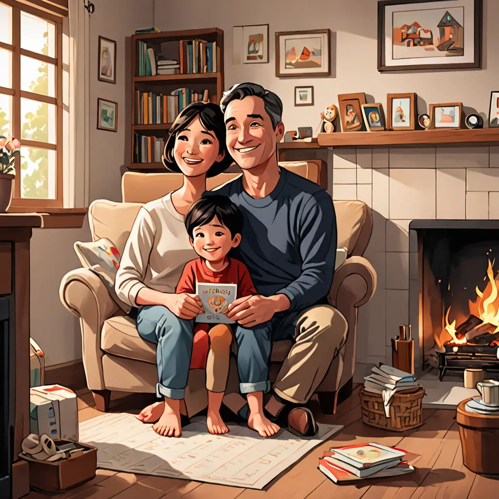 a man and woman sitting on a chair with a child in front of a fireplace with a bookcase, art & language, a storybook illustration, Colin Middleton, storybook illustration