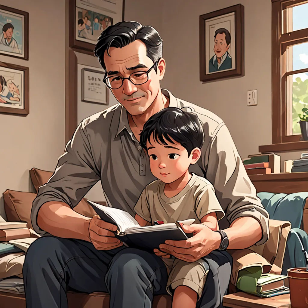 a man sitting on a couch holding a child while reading a book to him and a little boy sitting on his lap, art & language, a storybook illustration, David Park, graphic novel