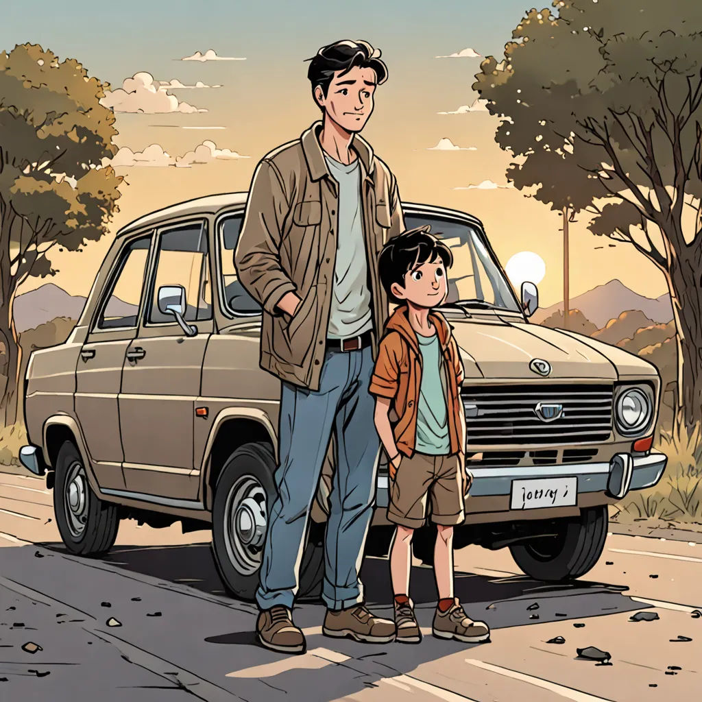 a man and a boy standing in front of a car on a road with trees and a sky background, private press, a comic book panel, Asaf Hanuka, yukito kishiro