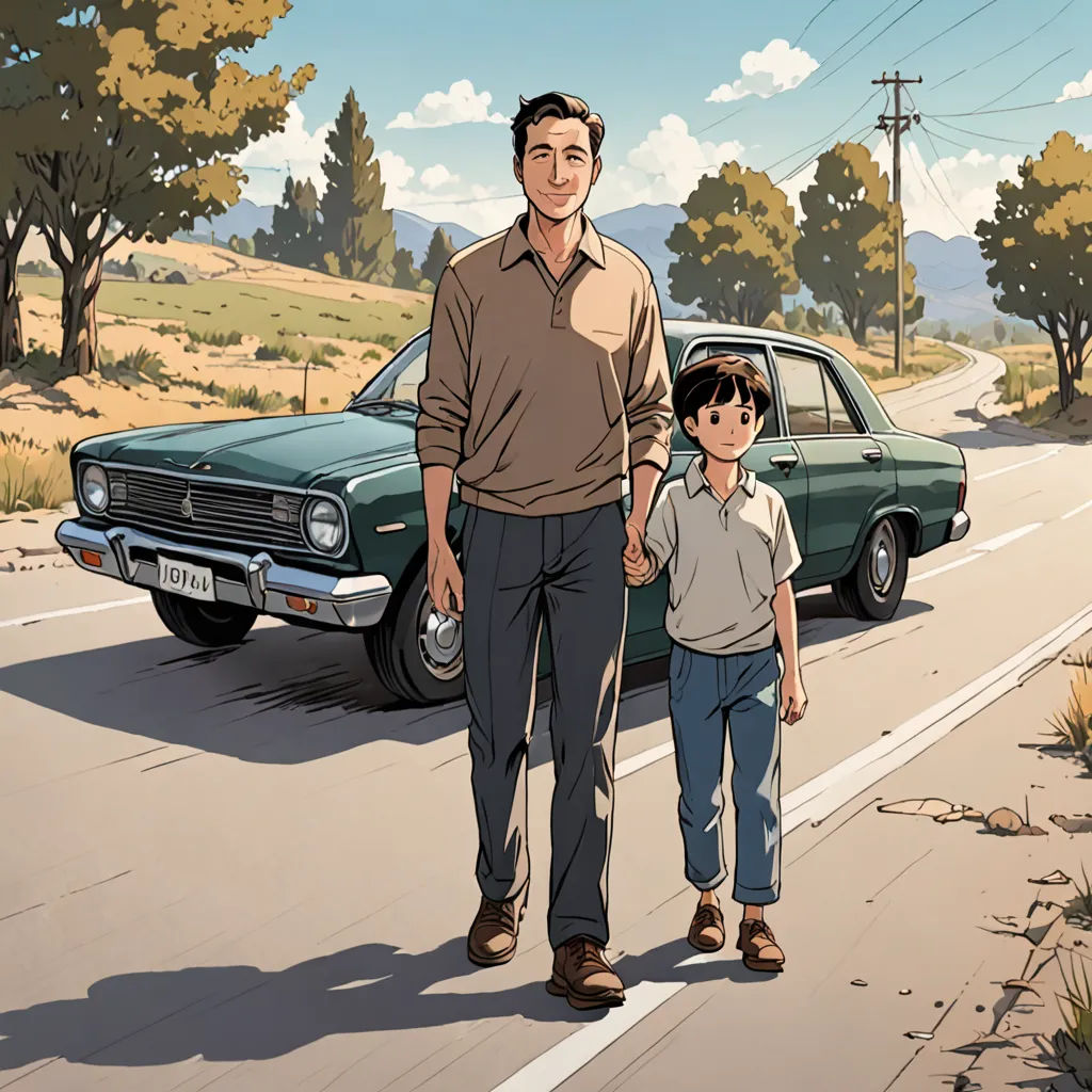 a man and a boy walking down a street with a car in the background and a car behind them, serial art, a comic book panel, Asaf Hanuka, official art