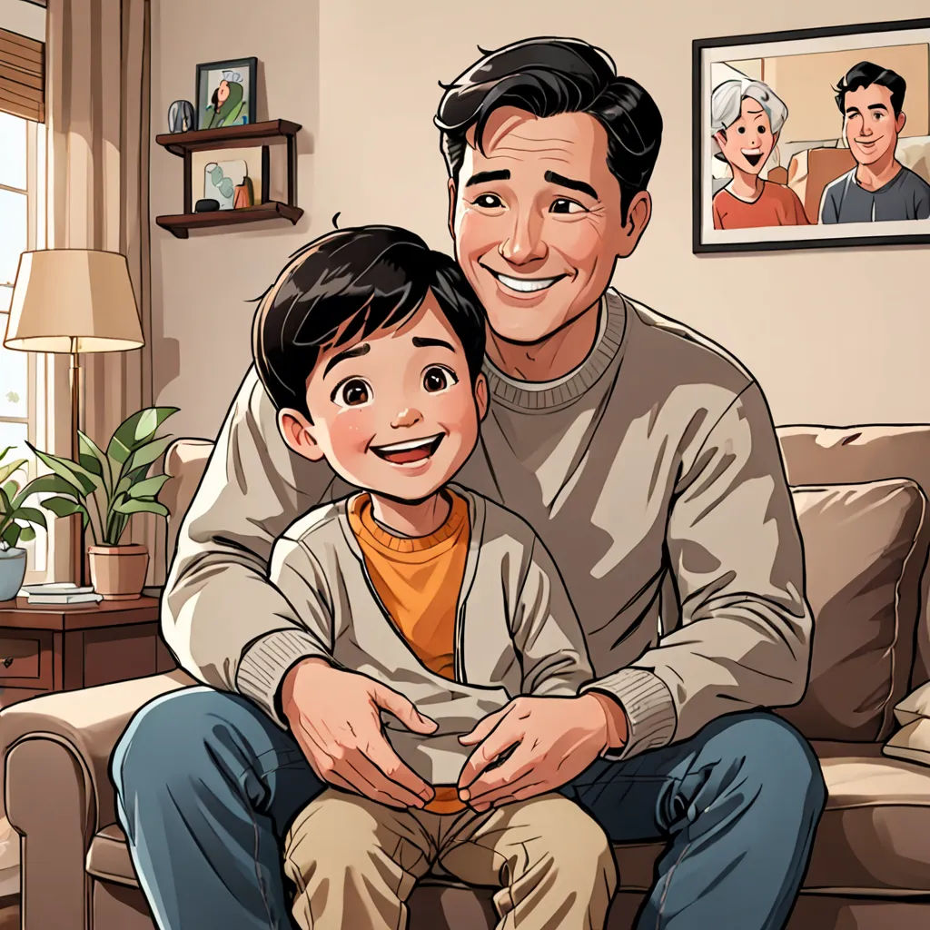 a man and a boy sitting on a couch in a living room with a painting of a man and a boy, lyco art, a comic book panel, Diego Gisbert Llorens, comic book