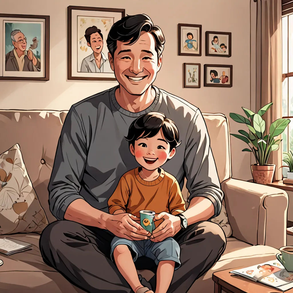 a man sitting on a couch holding a small boy in his lap and smiling at the camera with a family picture on the wall behind him, dada, a storybook illustration, David Park, storybook illustration