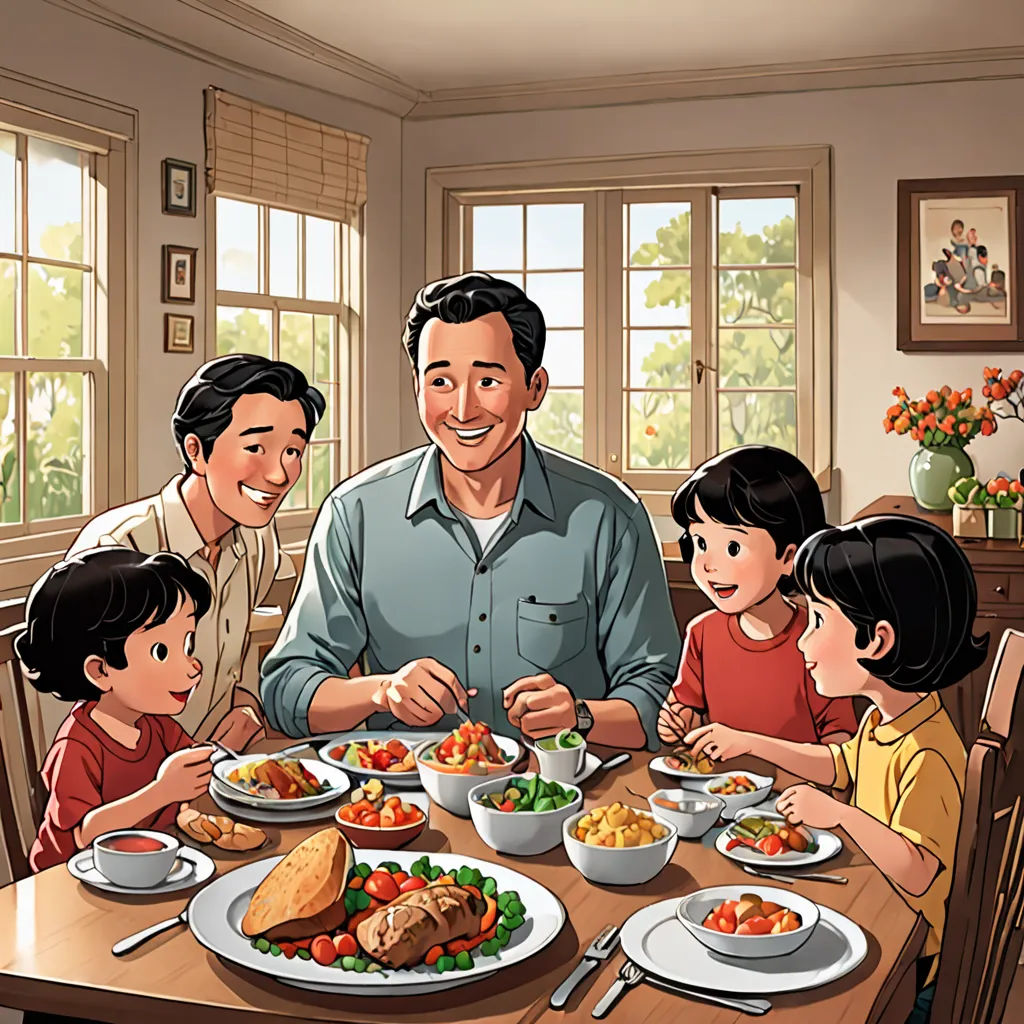 a family sitting at a table eating a meal together, with a man standing over the table with a plate of food, american scene painting, a storybook illustration, Byeon Sang-byeok, official art