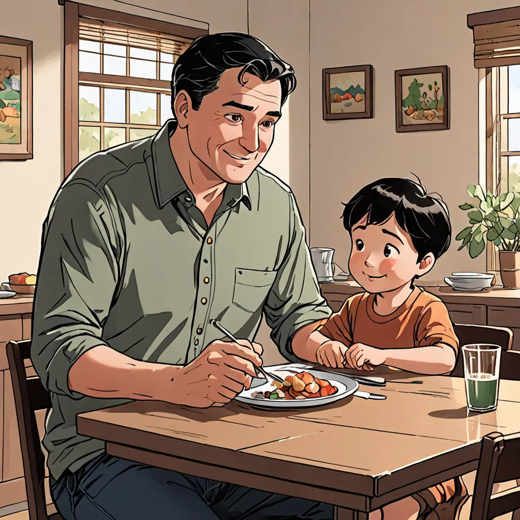 a man and a child sitting at a table eating food together, with a child sitting at the table, american realism, a comic book panel, Everett Warner, graphic novel