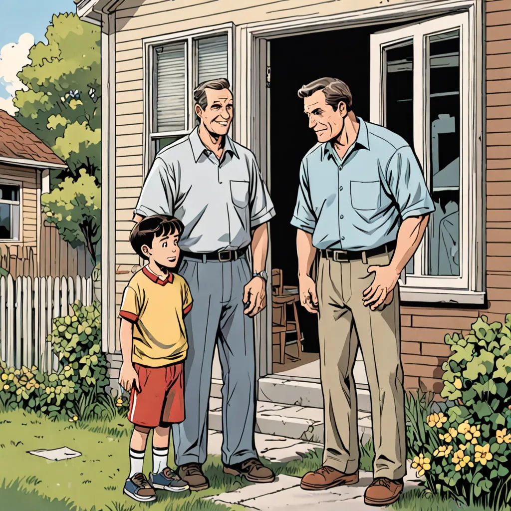 a man and a boy standing in front of a house with a dog and a cat on the lawn, american scene painting, a comic book panel, Brothers Hildebrandt, graphic novel