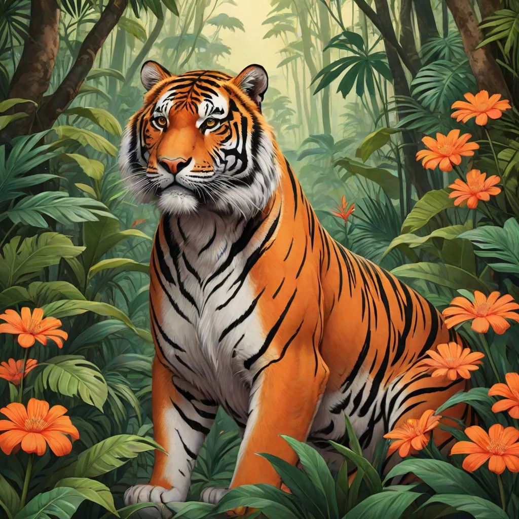a tiger standing in a jungle with orange flowers and trees in the background and a painting of a tiger, Chris LaBrooy, furry art, an album cover, highly detailed digital painting