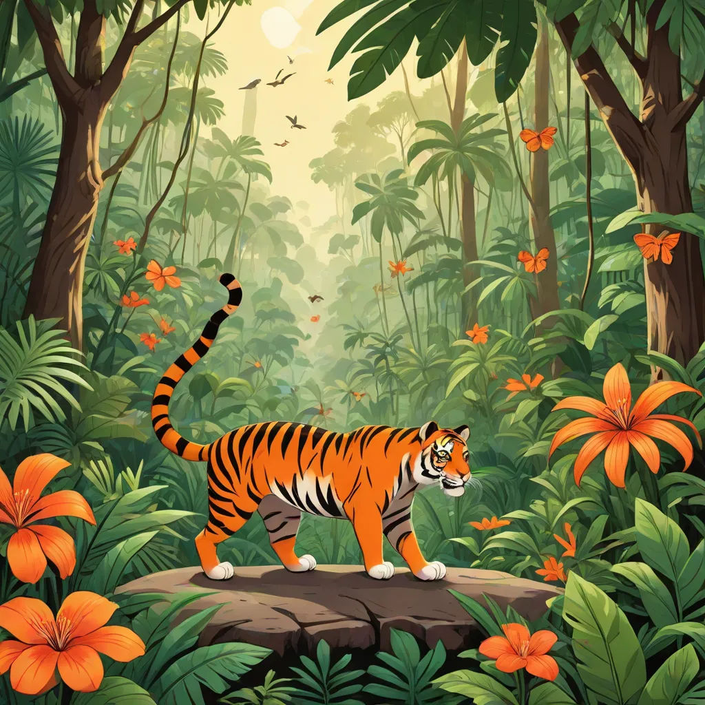 a tiger walking through a jungle with flowers and butterflies around it, and a bird flying above it,, Chris LaBrooy, bengal school of art, a storybook illustration, jungle