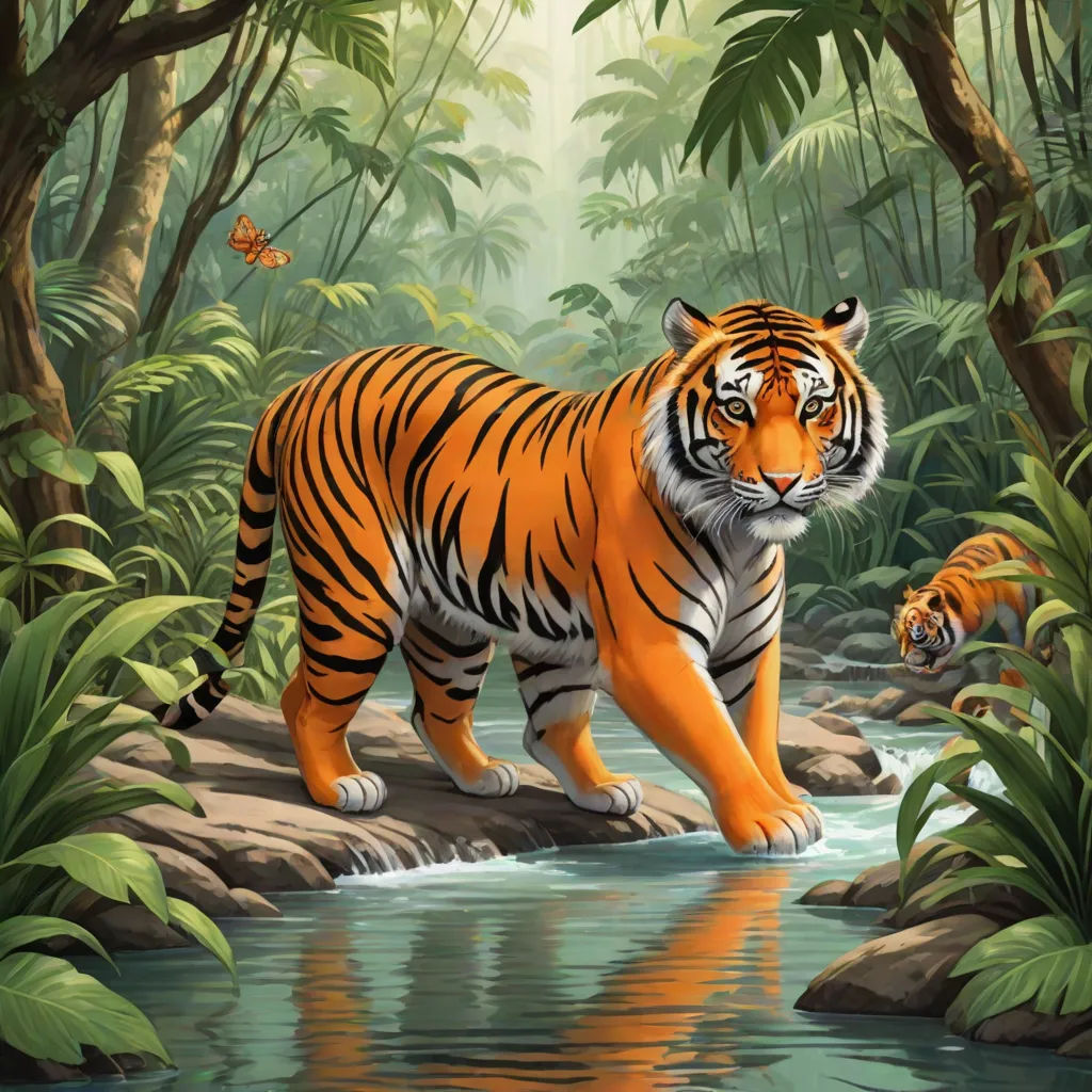 a tiger walking across a river in a jungle with a butterfly flying above it and another tiger in the background, Anne Stokes, furry art, an airbrush painting, highly detailed digital painting