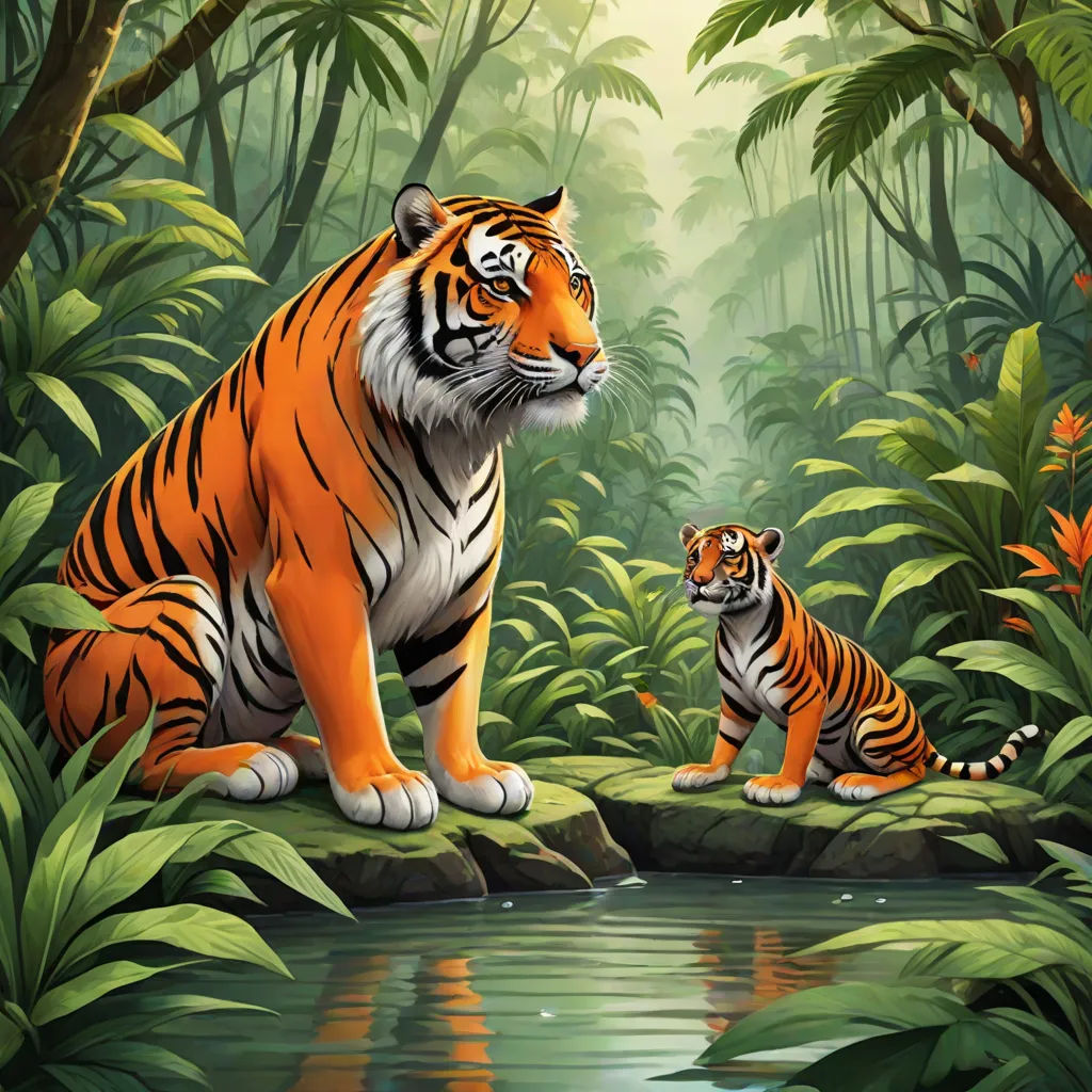 a tiger and a cub are sitting on a rock in the jungle by a stream of water and trees, Brothers Hildebrandt, bengal school of art, a storybook illustration, highly detailed digital painting
