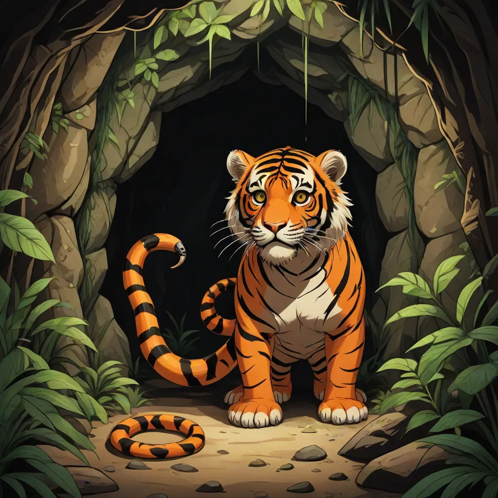 a tiger in a cave with a snake in its mouth and a snake in the foreground with a cave in the background, Dan Mumford, furry art, a storybook illustration, rossdraws global illumination
