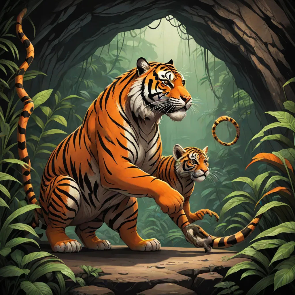 a tiger and a cub are in a jungle scene with a light shining on them and a tree in the background, Dan Mumford, furry art, an oil painting, highly detailed digital painting