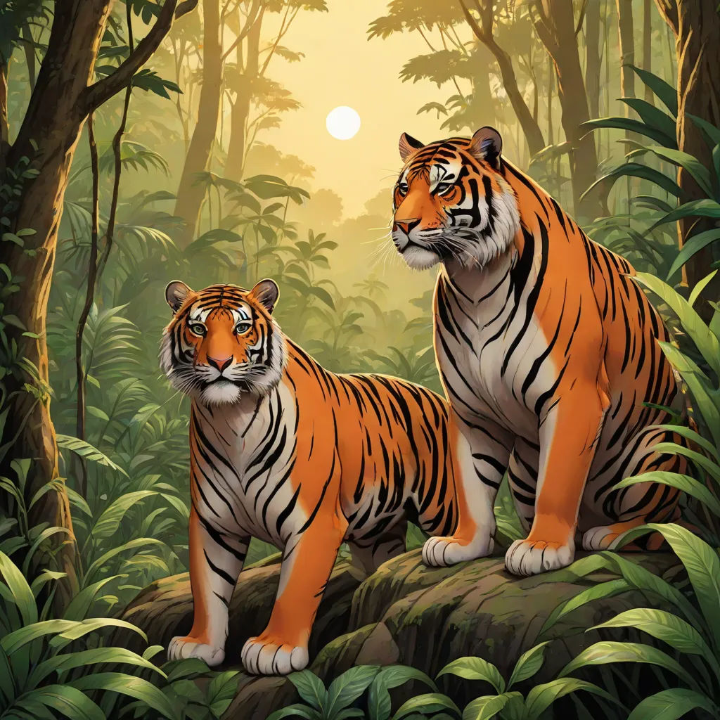 two tigers standing in the middle of a jungle with trees and bushes around them, with the sun shining through the trees, Brothers Hildebrandt, furry art, an oil painting, highly detailed digital painting