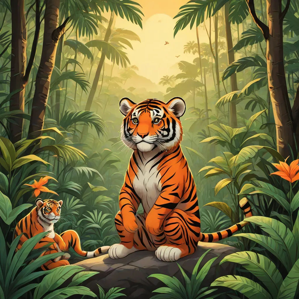 a tiger and a cub sitting in a jungle setting with a sunset in the background and palm trees and foliage, Dan Mumford, bengal school of art, a storybook illustration, highly detailed digital painting