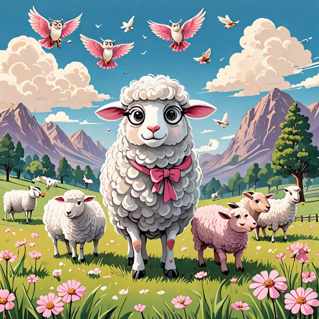 a painting of a sheep with a pink bow standing in a field of flowers and birds flying around it, pop surrealism, a storybook illustration, Chris LaBrooy, promotional image