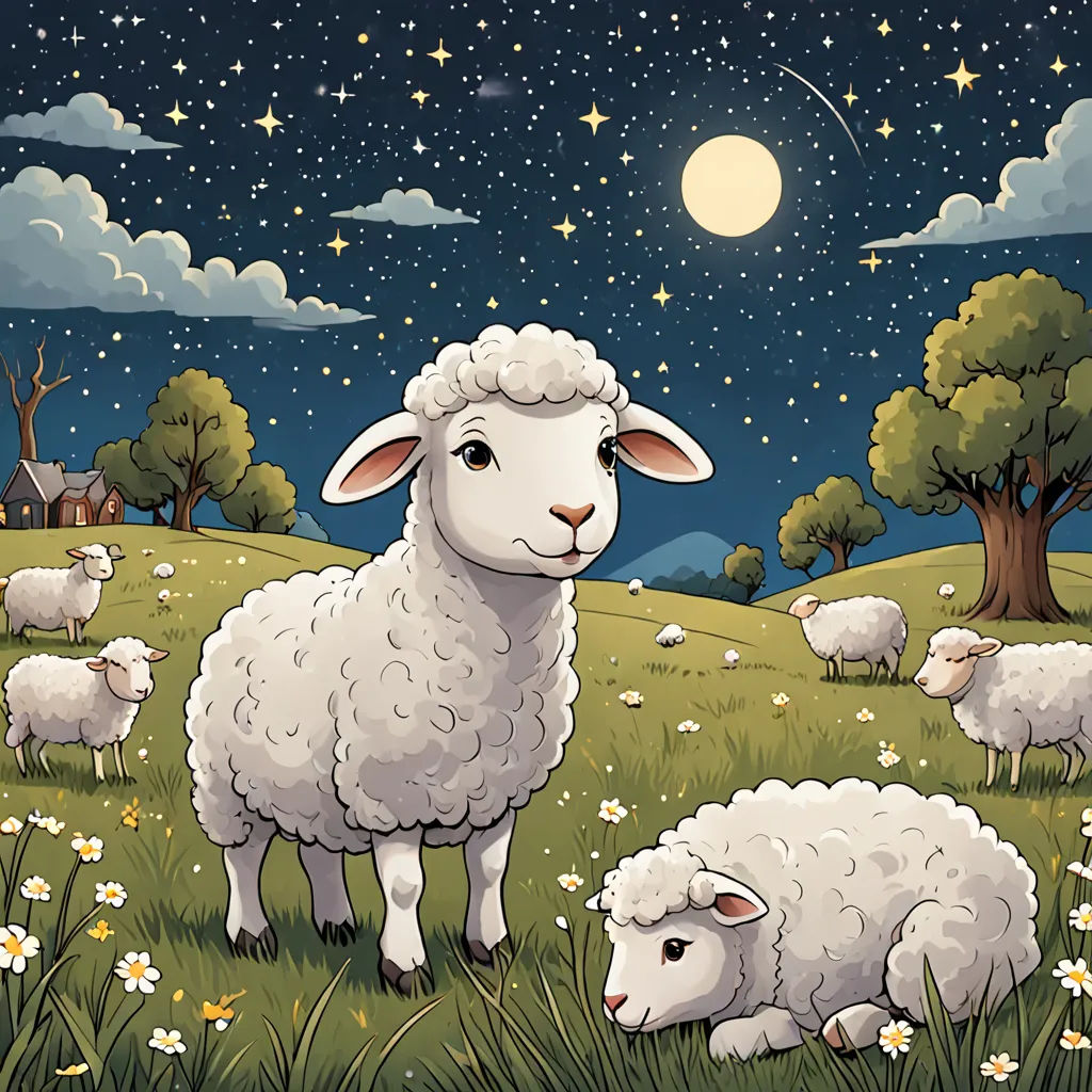 a painting of a sheep and her lambs in a field at night with the moon in the sky, space art, a storybook illustration, David Paton, storybook illustration