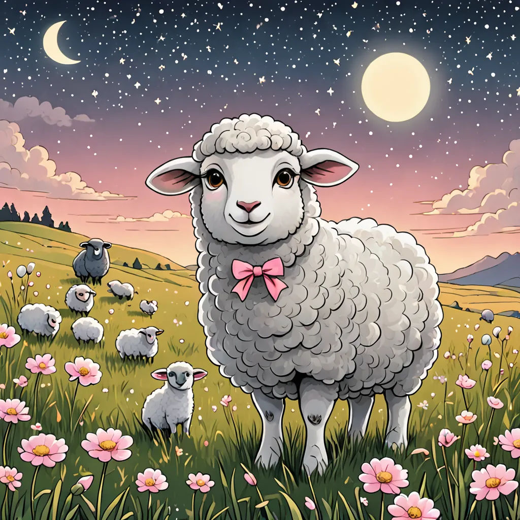a sheep with a pink bow standing in a field of flowers with a full moon in the background and a pink sky with clouds, pop surrealism, a storybook illustration, Chris LaBrooy, storybook illustration