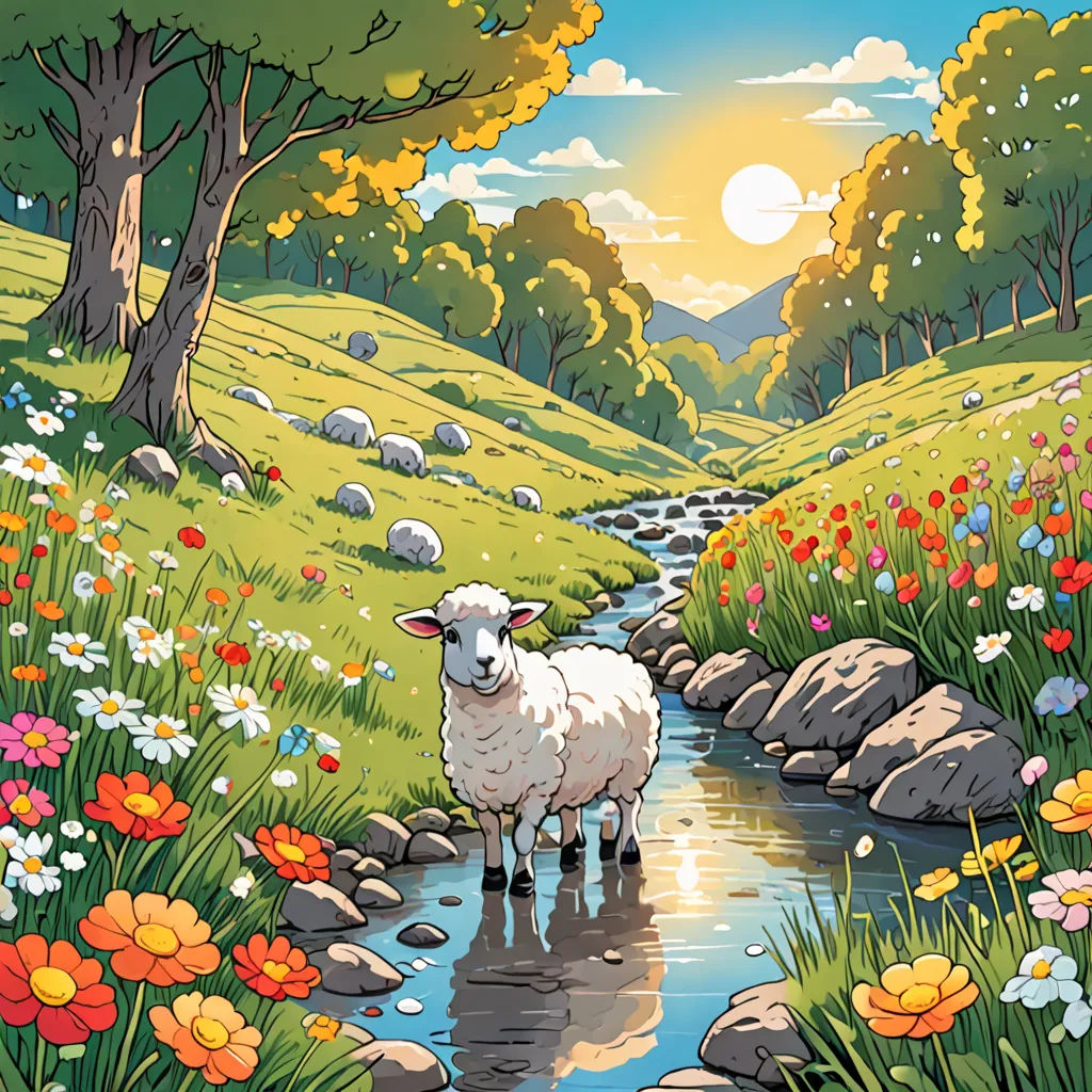 a painting of a sheep standing in a stream of water surrounded by flowers and trees with a sun in the background, environmental art, a storybook illustration, Chris LaBrooy, official art