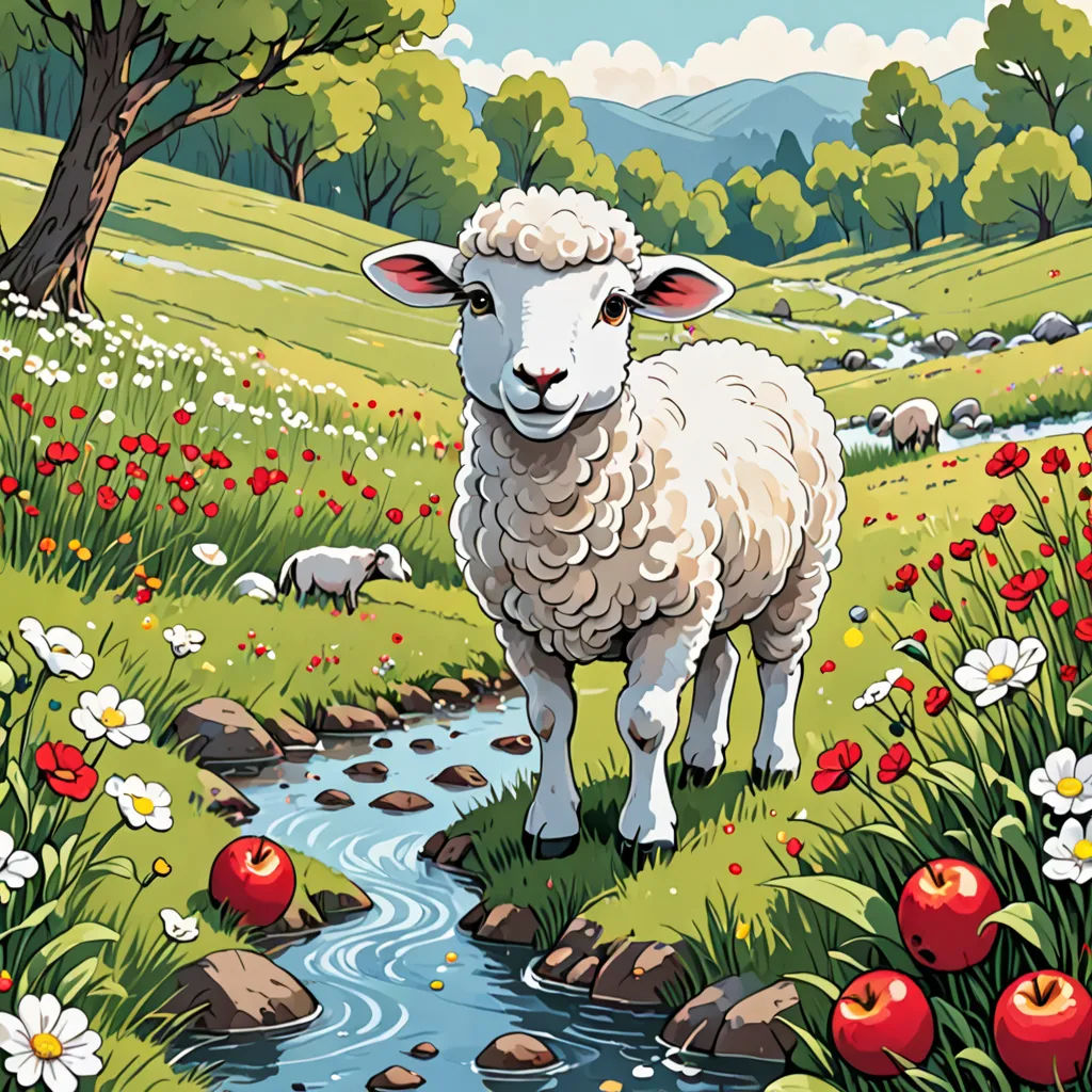 a painting of a sheep standing in a field with flowers and a stream running through it, with a mountain in the background, naturalism, a storybook illustration, Chris LaBrooy, storybook illustration