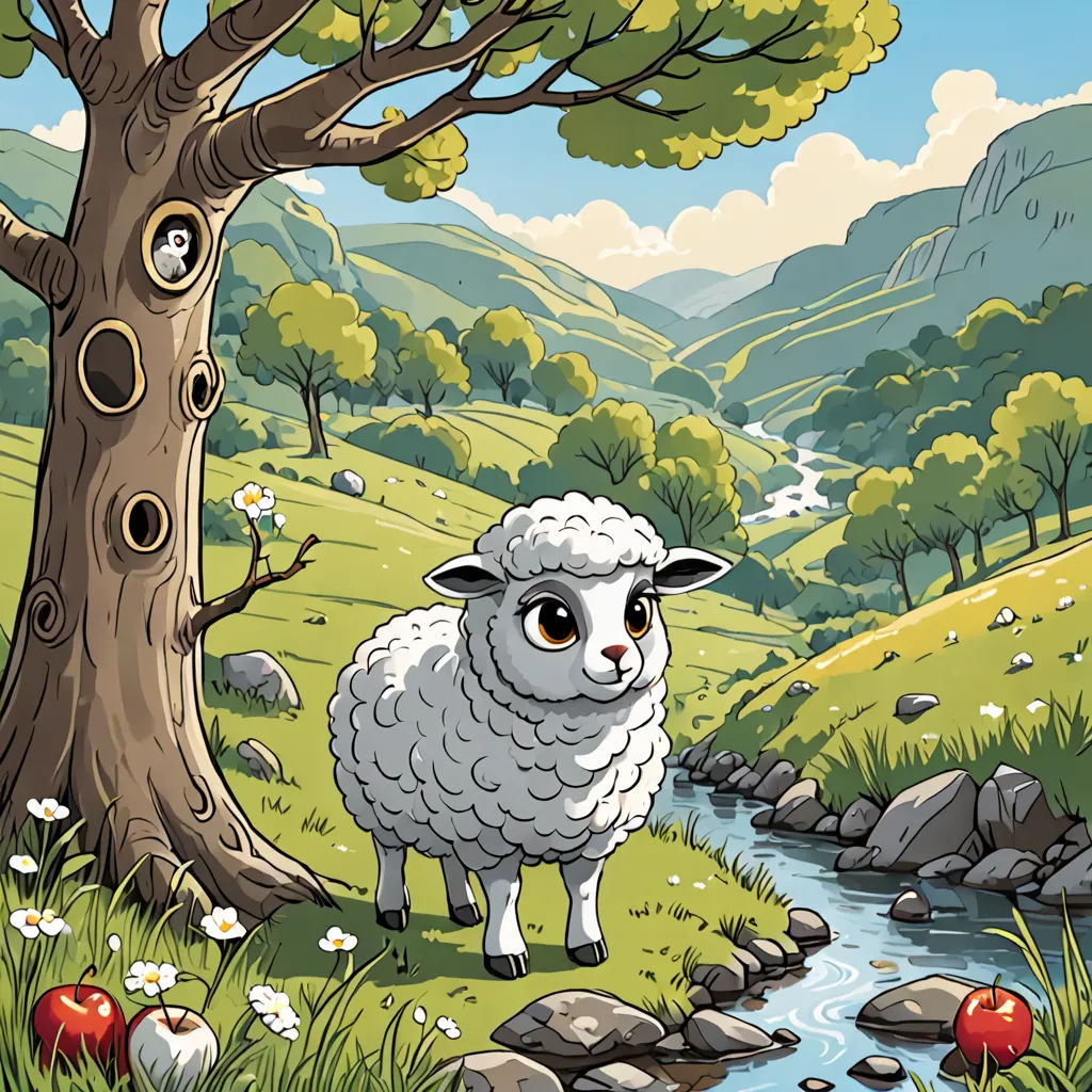 a sheep standing in a field next to a river and a tree with a hole in it's face, environmental art, a storybook illustration, Chris LaBrooy, storybook illustration