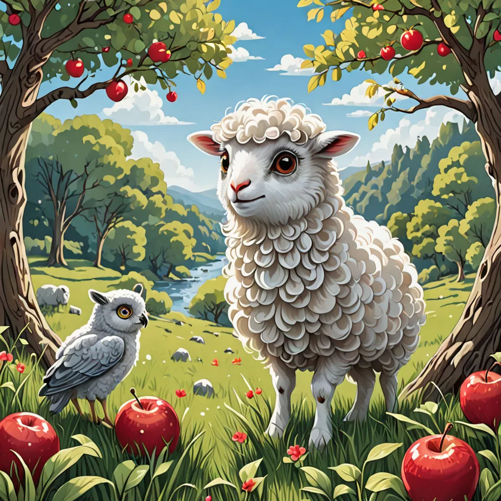 a painting of a sheep and a bird in a field of apples with a stream in the background and a blue sky, pop surrealism, a storybook illustration, Chris LaBrooy, storybook illustration
