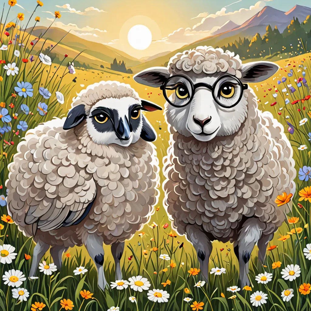 two sheep standing in a field of flowers with a mountain in the background with a sun setting behind them, naive art, a character portrait, Chris LaBrooy, promotional image