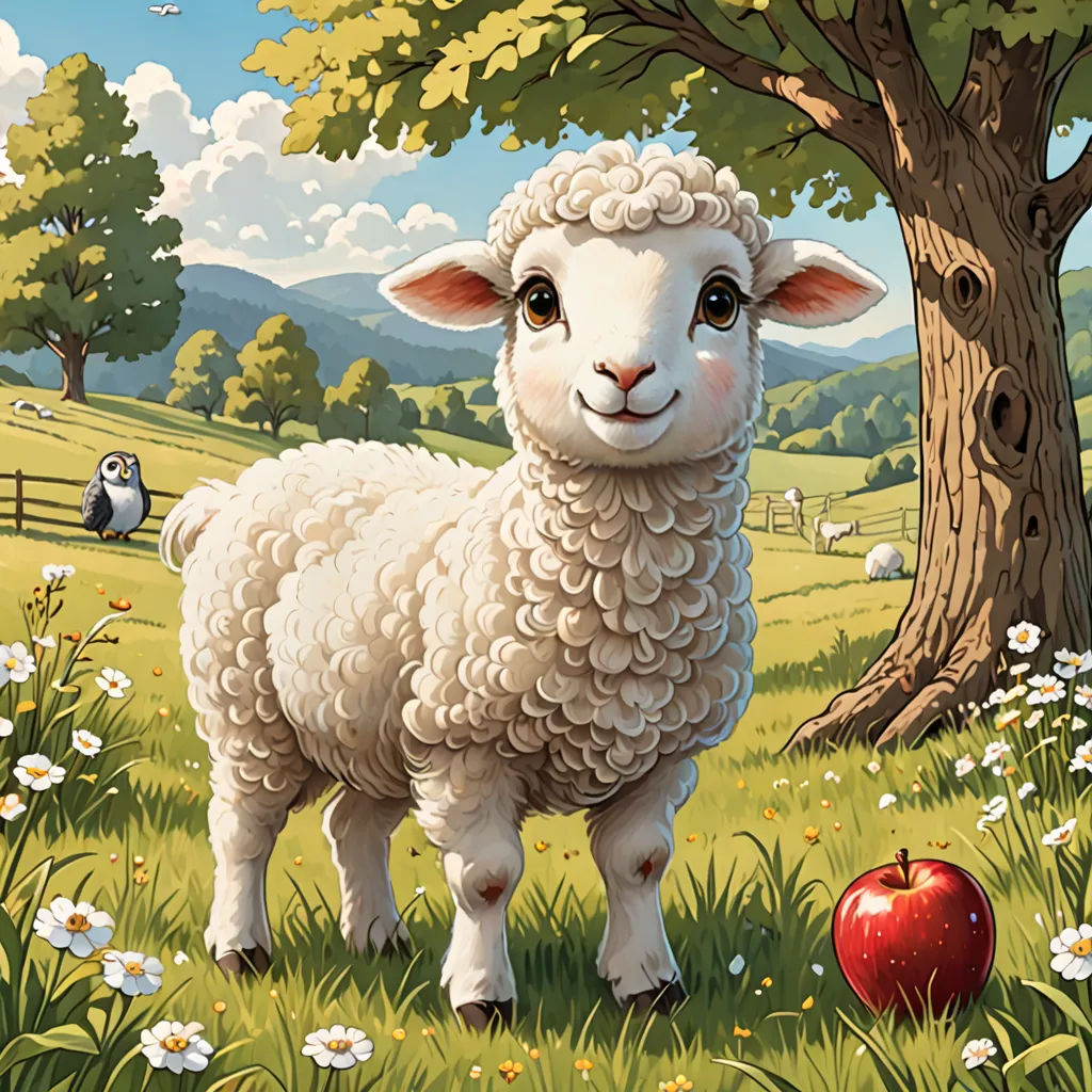a sheep standing in a field next to a tree and an apple on the ground with a bird nearby, lyco art, a storybook illustration, Chris LaBrooy, promotional image