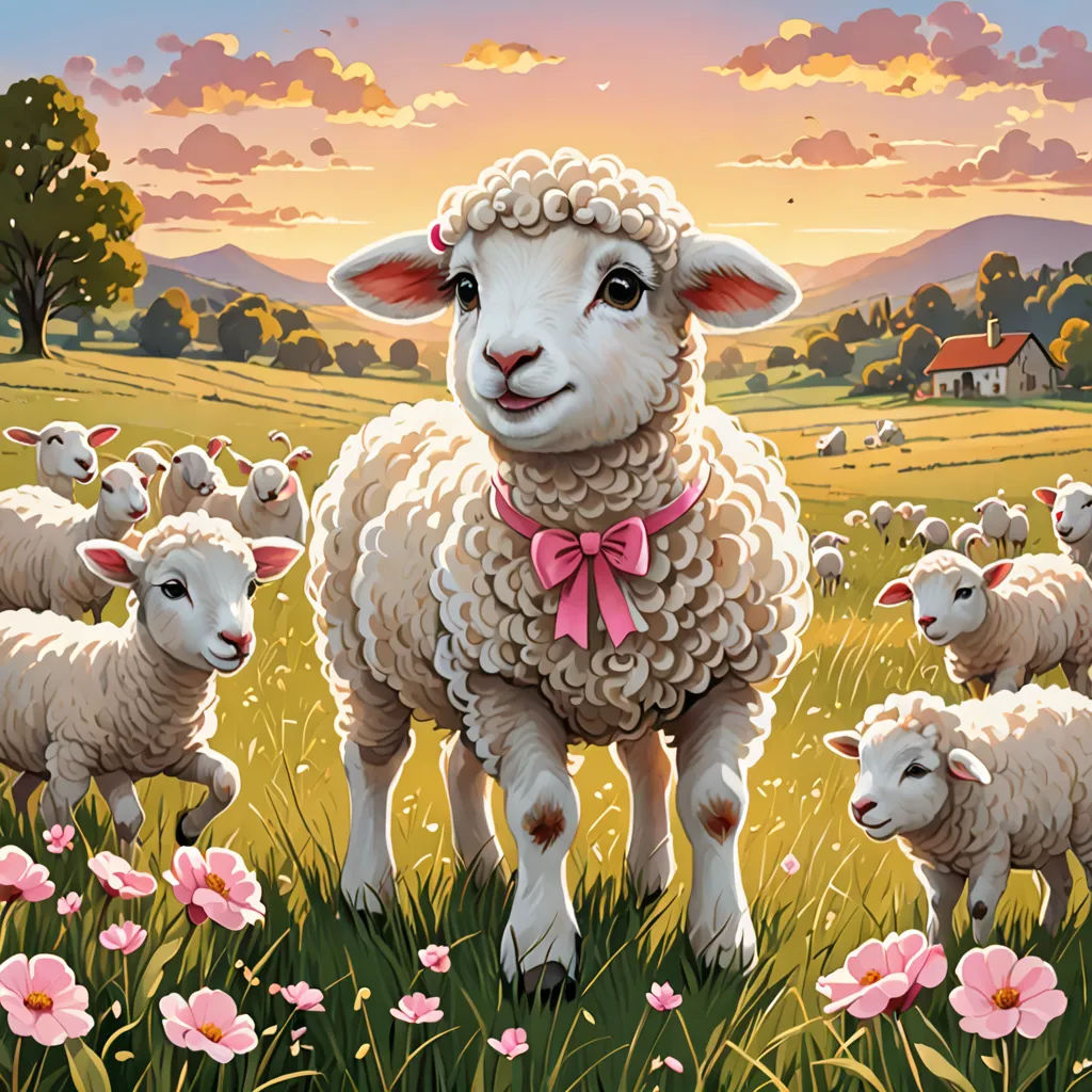 a painting of a sheep with her lambs in a field of flowers and grass with a sunset in the background, naive art, a storybook illustration, Chris LaBrooy, storybook illustration