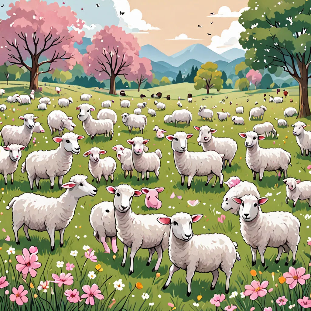 a painting of a herd of sheep in a field of flowers and trees with a sky background and a pink flowered tree, color field, a storybook illustration, Chris LaBrooy, detailed illustration