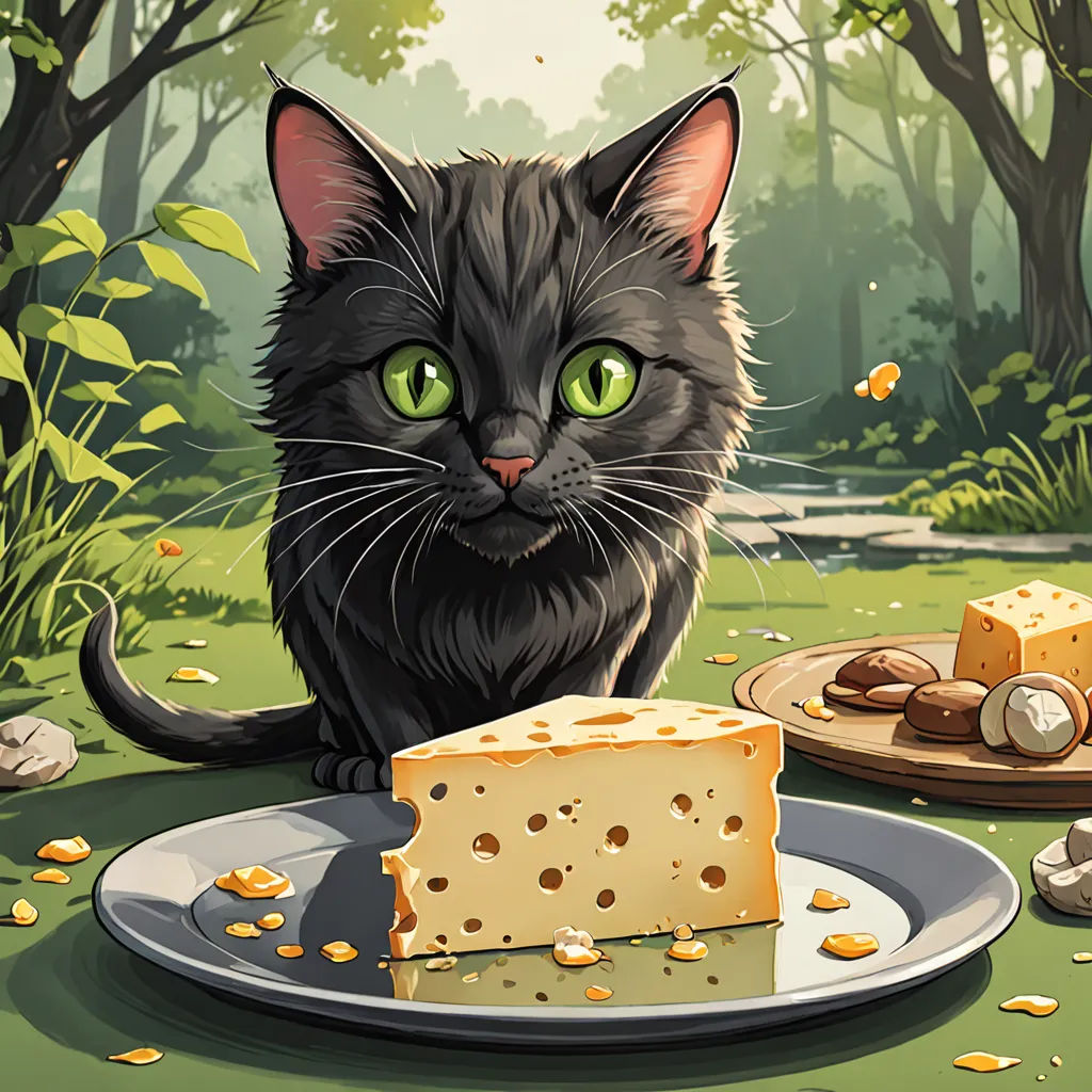 a cat sitting on a plate with a piece of cheese on it and a plate of nuts on the ground, serial art, a storybook illustration, Chris LaBrooy, storybook illustration