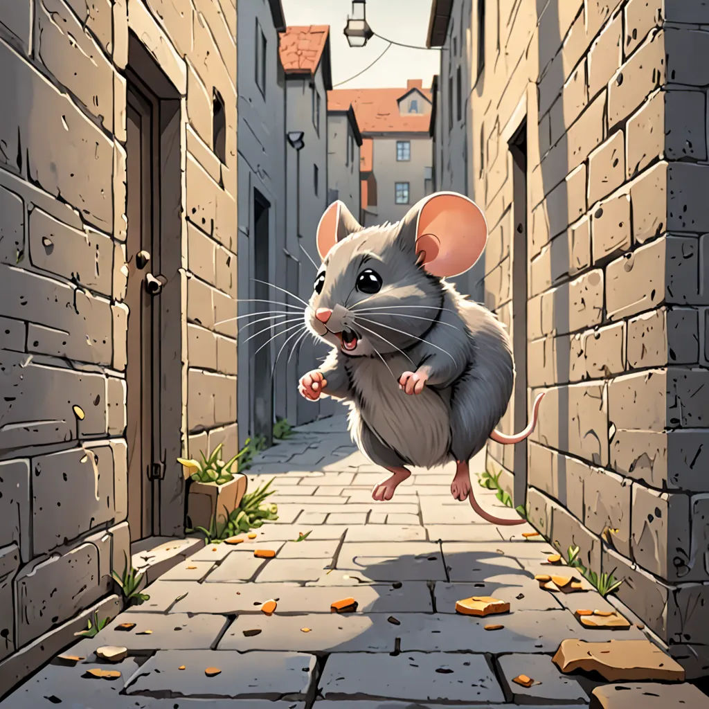 a cartoon mouse is running down a brick street in a city alleyway with a brick wall and a brick walkway, fantasy art, a storybook illustration, Chris LaBrooy, storybook illustration