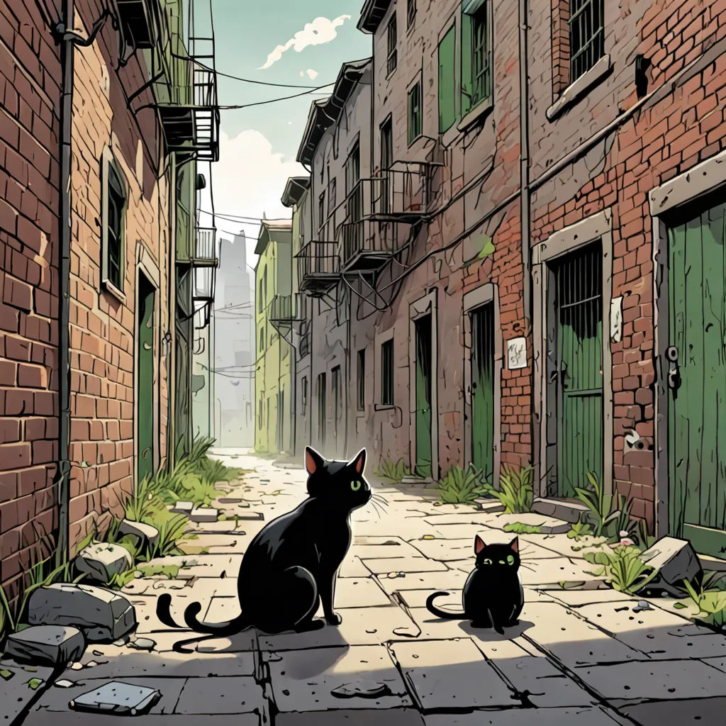 a black cat sitting on a cobblestone street next to a black cat sitting on the ground in front of a brick building, underground comix, a comic book panel, Asaf Hanuka, laurie greasley