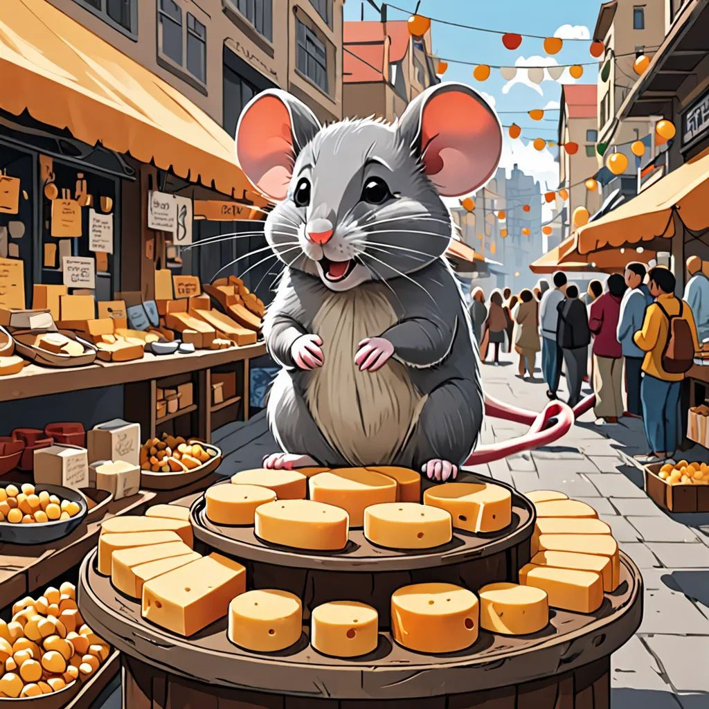a mouse is sitting on a table in a market place with cheeses and oranges on the table, furry art, a storybook illustration, Art Spiegelman, storybook illustration