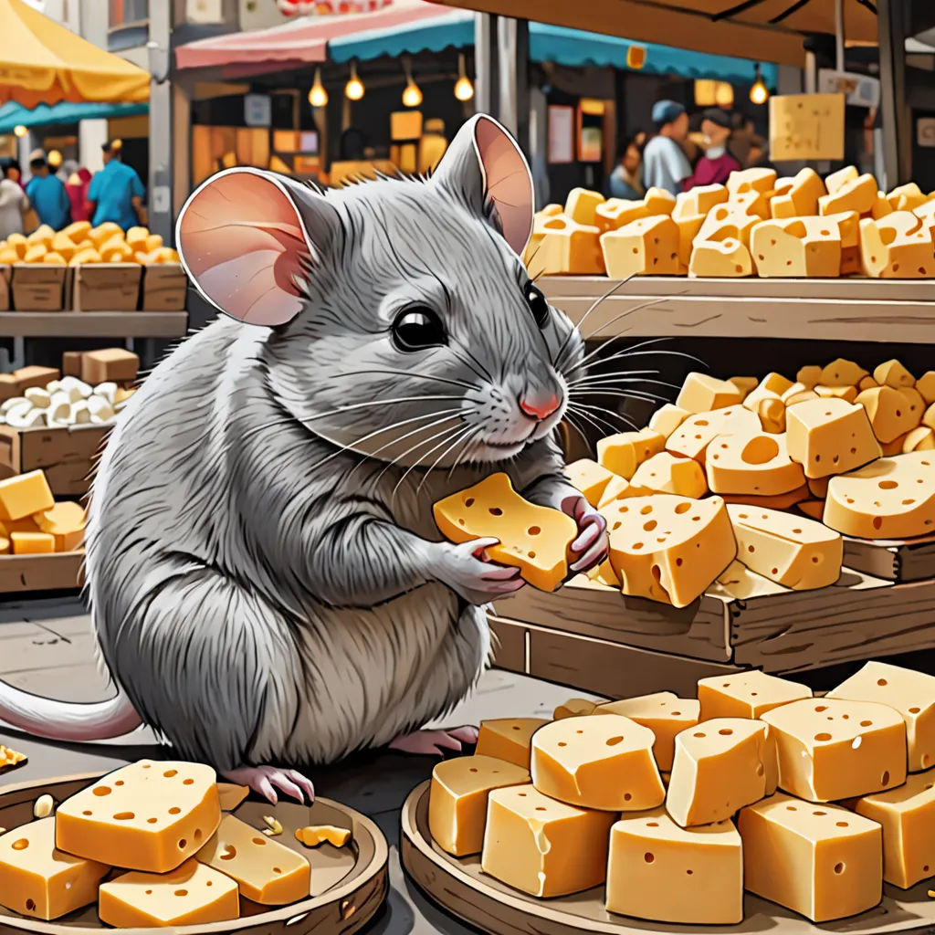 a mouse eating cheese in a market place with other cheeses on display behind it and people in the background, furry art, a storybook illustration, Art Spiegelman, ultra realistic illustration