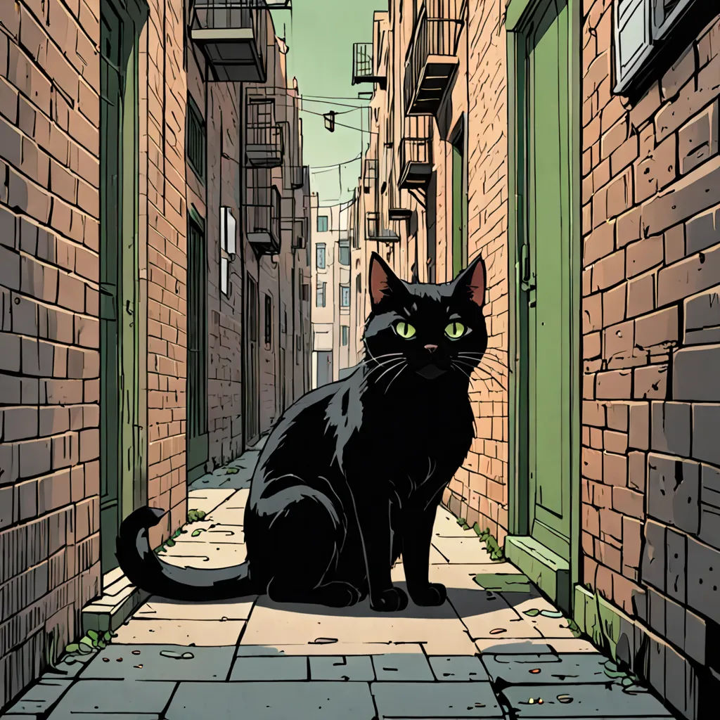 a black cat sitting on a brick alleyway in a city setting with green eyes and a black cat with green eyes, underground comix, a comic book panel, Asaf Hanuka, comic cover art