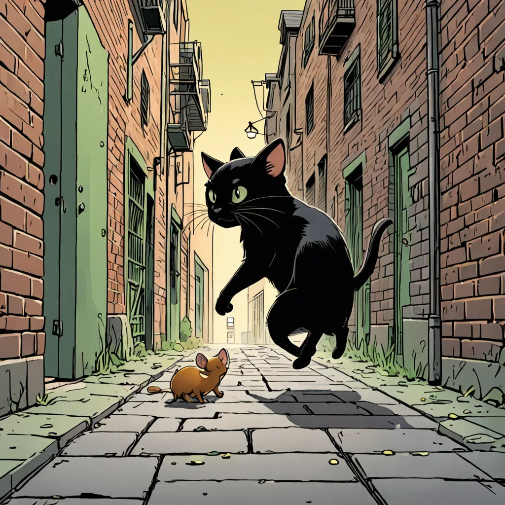 a black cat and a brown cat are in an alleyway with brick buildings and a brick wall on either side of the alleyway, underground comix, a comic book panel, Art Spiegelman, comic cover art