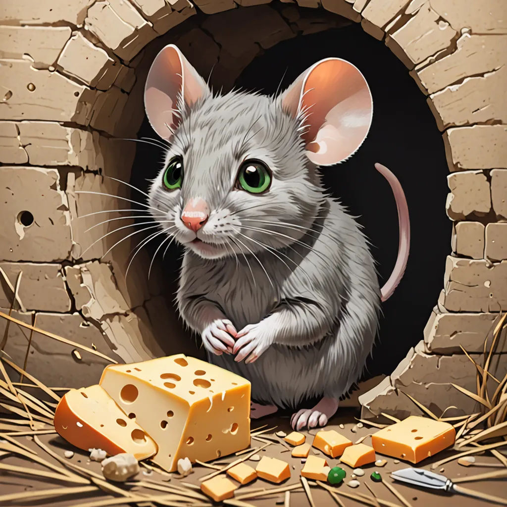 a mouse with a piece of cheese in its hand and a piece of cheese in the other hand, in a hole, fantasy art, a storybook illustration, Art Spiegelman, highly detailed digital painting