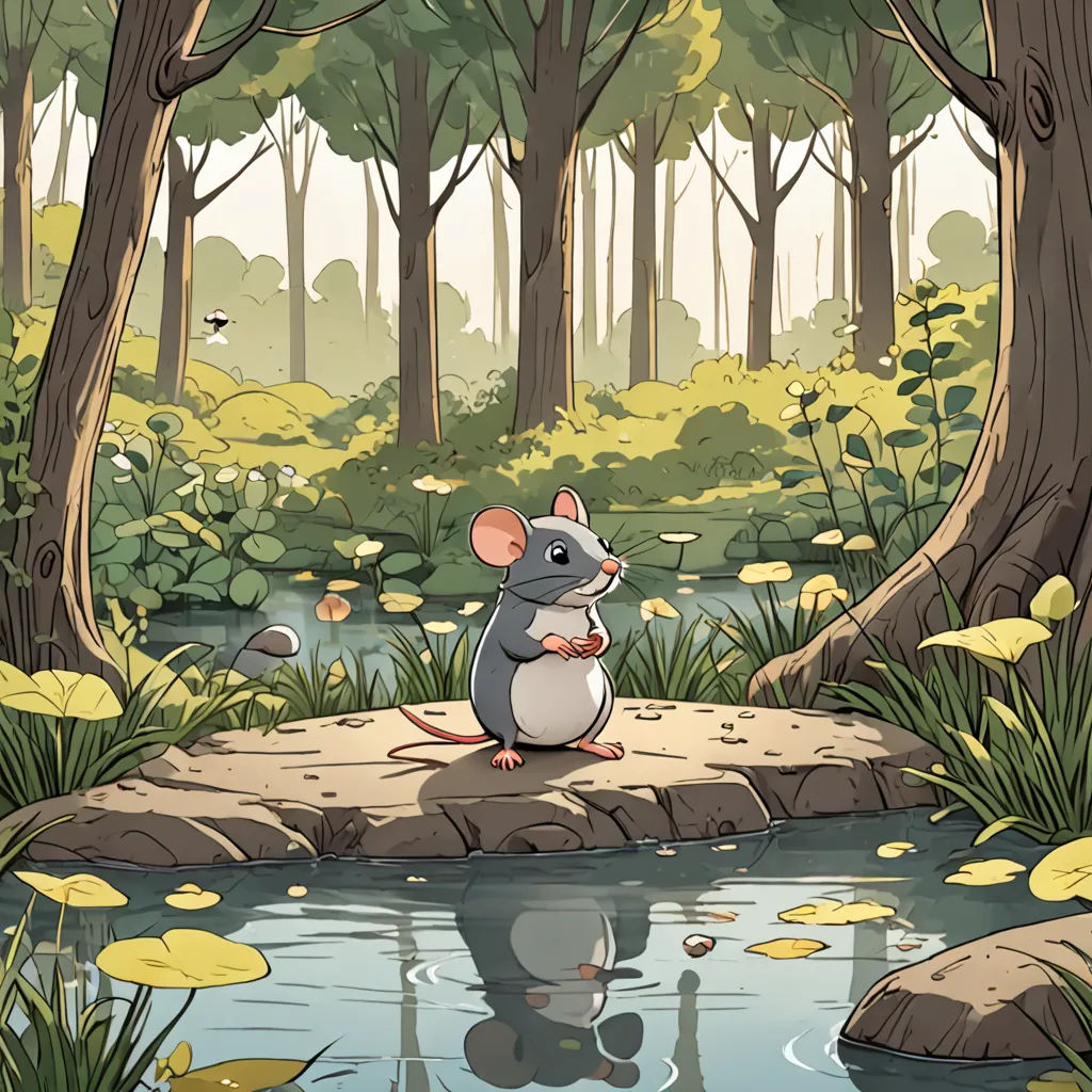 a mouse sitting on a rock in a forest by a pond of water and lily pads, with a reflection of the mouse in the water, plein air, a storybook illustration, Chris LaBrooy, storybook illustration