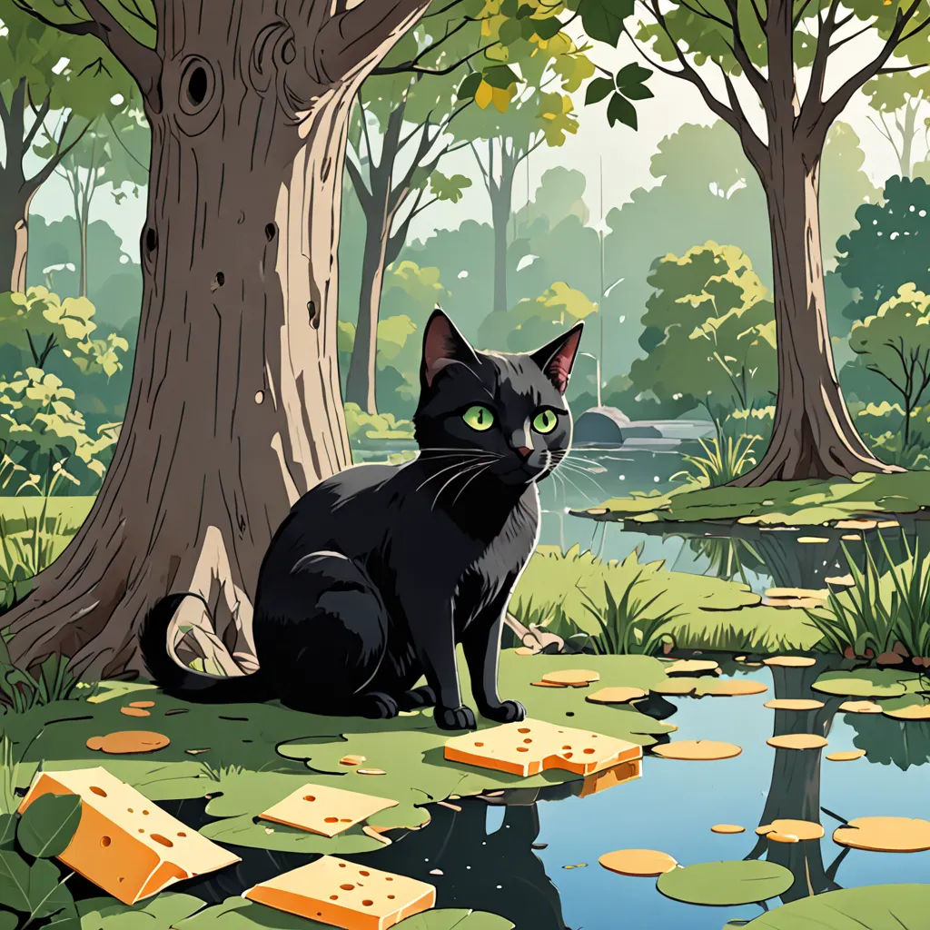 a black cat sitting in the grass next to a tree and a pond with cheese on it and a lot of water, environmental art, a storybook illustration, Chris LaBrooy, storybook illustration