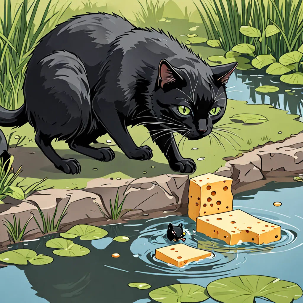 a black cat is walking near a pond with water lilies and a block of cheese on it's side, serial art, a storybook illustration, Chris LaBrooy, storybook illustration
