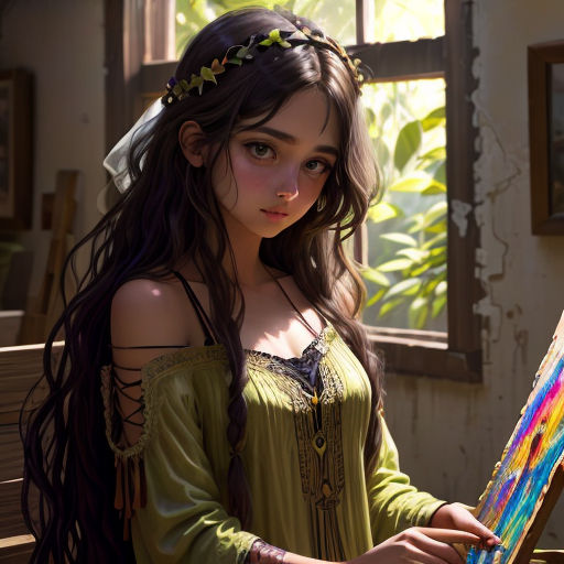 a girl with long hair holding a painting in her hands and looking at the camera with a smile on her face