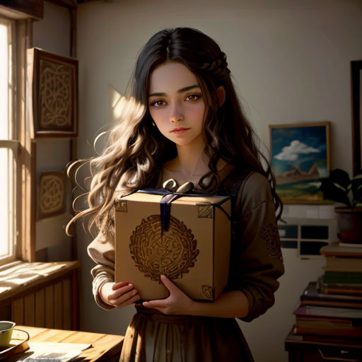 a woman holding a box with a picture on it in front of a window with a cup of coffee