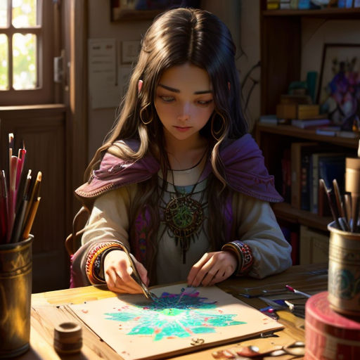 a girl is painting on a piece of paper with colored pencils and a brush in her hand while sitting at a table