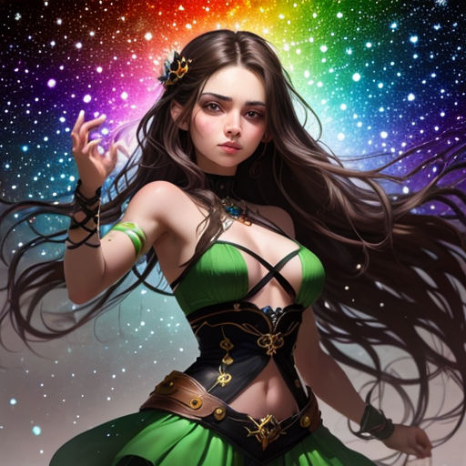 a woman in a green dress with long hair and a rainbow background with stars and a rainbow light in the sky